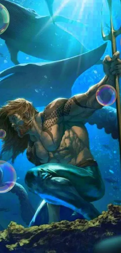 Epic fantasy wallpaper with underwater hero and ocean creatures.