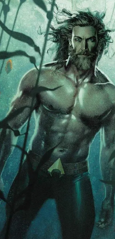 Epic underwater warrior with seaweed surrounding him in a mythical ocean setting.