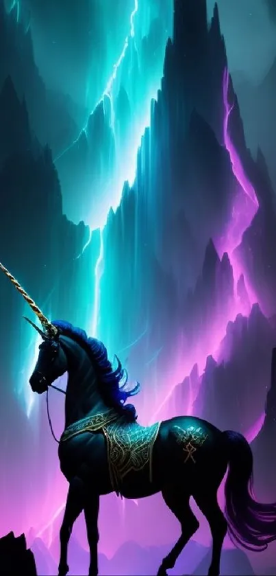 Epic unicorn in vibrant fantasy setting with mountains and lightning.