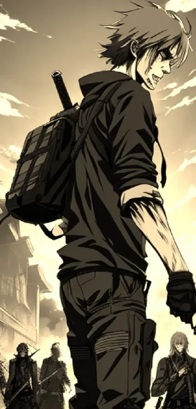 Anime warrior stands in urban ruins, bold stance with a weapon.