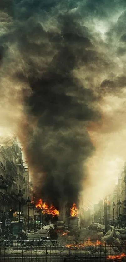 Epic urban apocalypse with fire and storm clouds.