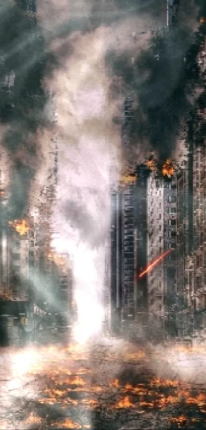 Dramatic urban landscape in flames with smoky, apocalyptic atmosphere.