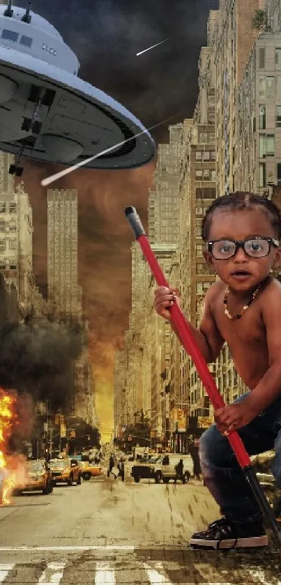 Epic urban chaos scene with UFO and destruction, featuring a surreal giant toddler.