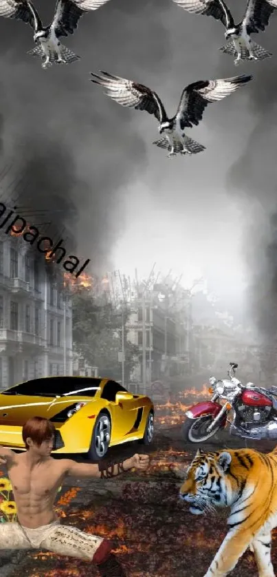 Dynamic urban chaos wallpaper with cars, wildlife, and fiery background.