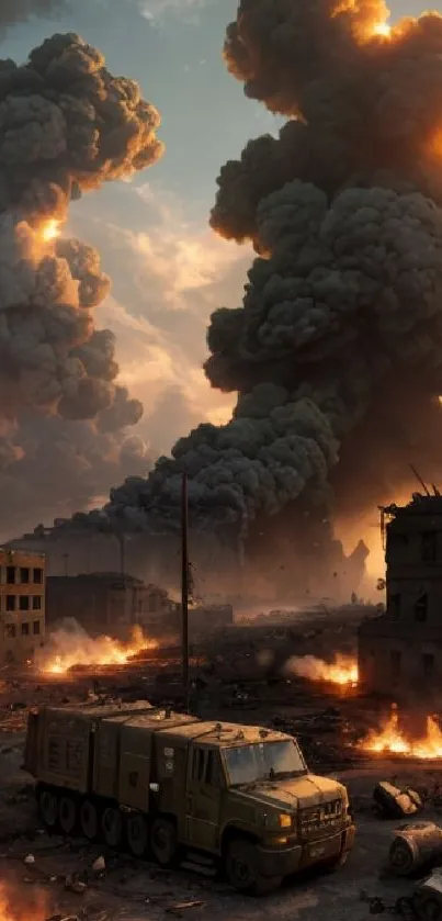 Epic urban destruction scene with fire and smoke.