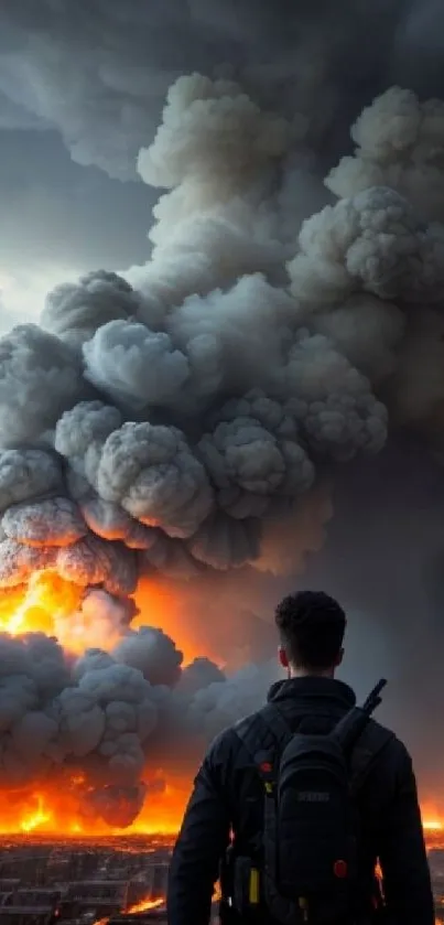 A figure stands before an urban landscape engulfed in fire and smoke.