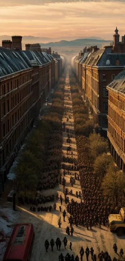 A historic city street with marching soldiers under golden sunlight.