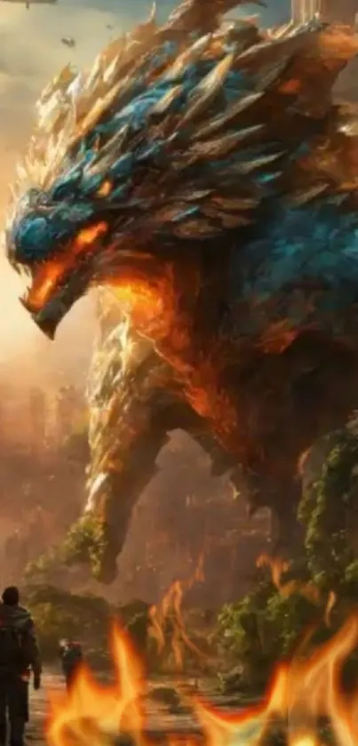 Epic fantasy landscape with a giant creature and city skyline.