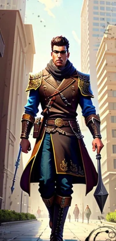 Epic warrior in a cityscape, wearing armor and carrying weapons, futuristic setting.