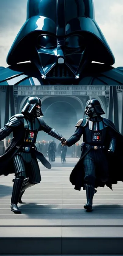 Darth Vader scene on a bridge in a futuristic setting.