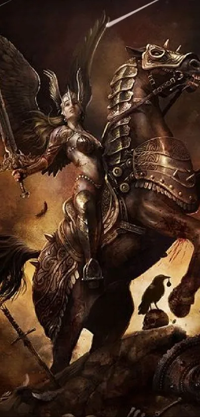 Warrior Valkyrie on a horse in an epic battle scene with a dark, fiery background.