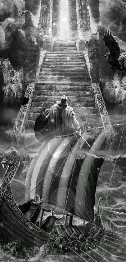 Epic Viking ship sailing stormy seas with mystical staircase.