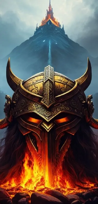 Epic Viking helmet and fiery mountain wallpaper with dramatic fantasy theme.