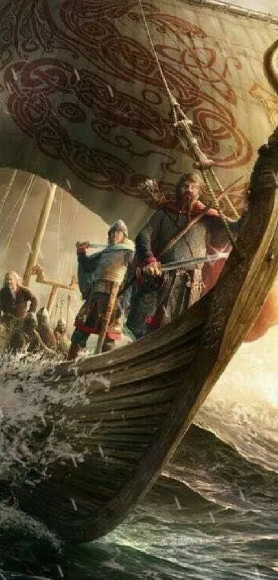 Viking ship braving stormy seas with ancient warriors aboard.