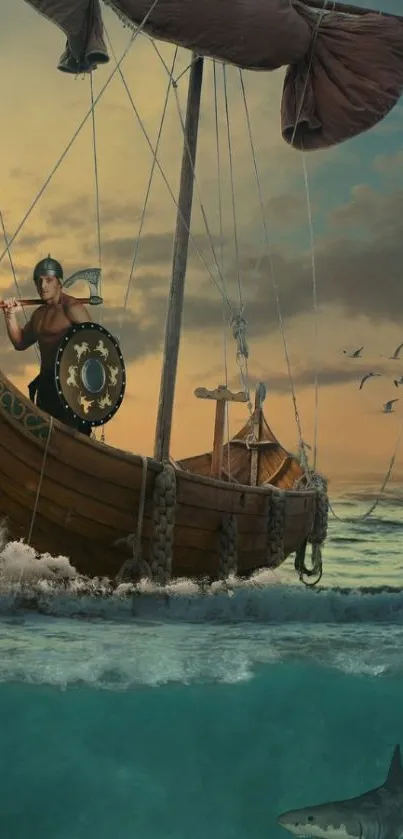 Viking ship sailing at sunset with a shark underwater and a warrior onboard.