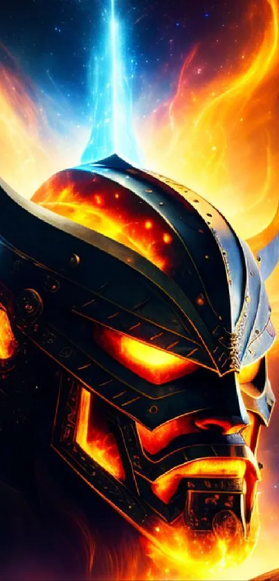 Epic Viking warrior helmet surrounded by fiery flames on a cosmic backdrop.