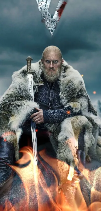 Epic Viking warrior seated amidst flames and icy landscape.