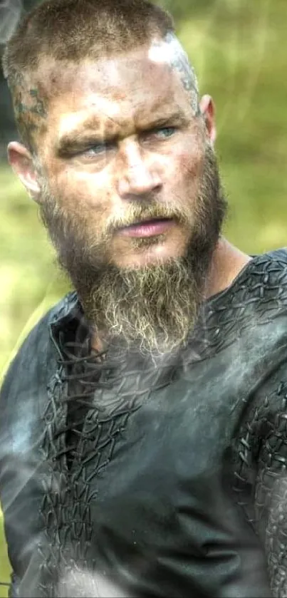 Viking warrior in leather armor with a rugged, intense expression.