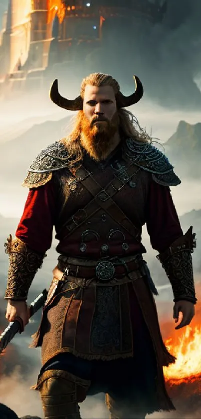 Epic Viking warrior stands before a fiery castle.