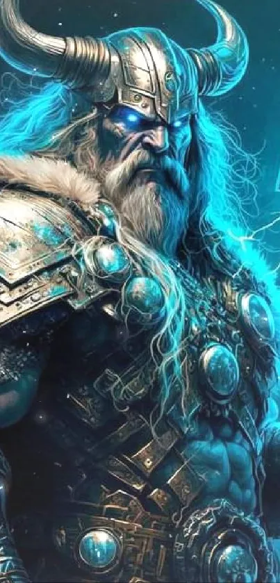 Epic Viking warrior in electric blue setting.