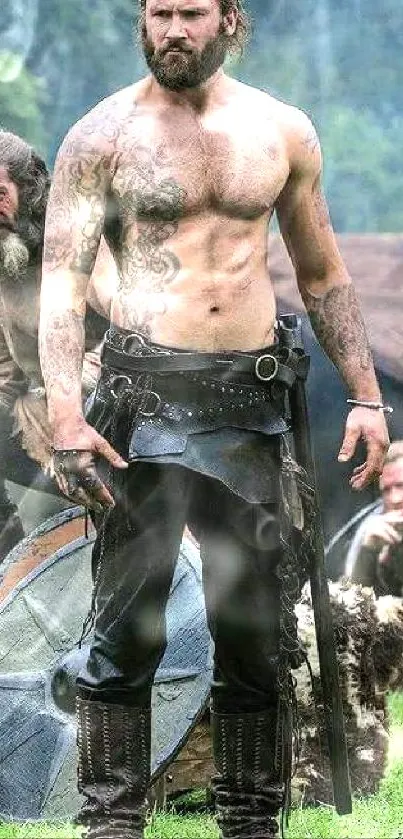 Epic Viking warrior with tattoos standing in a rustic landscape.