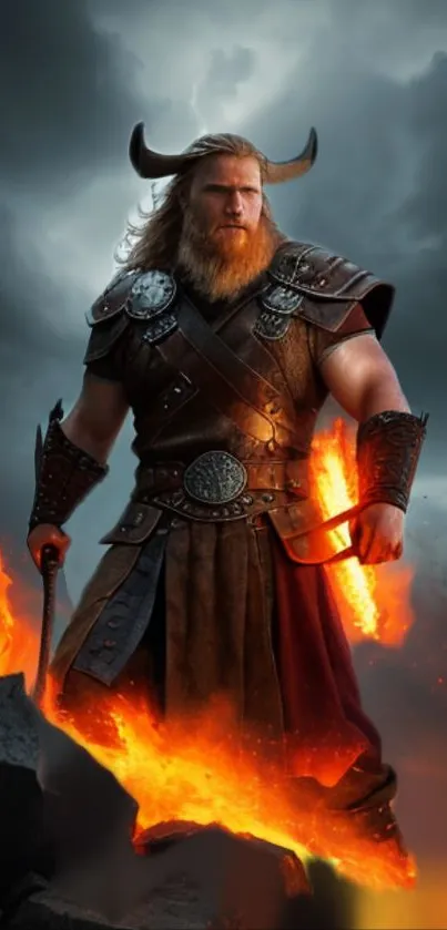 Epic Viking warrior in armor with fiery backdrop