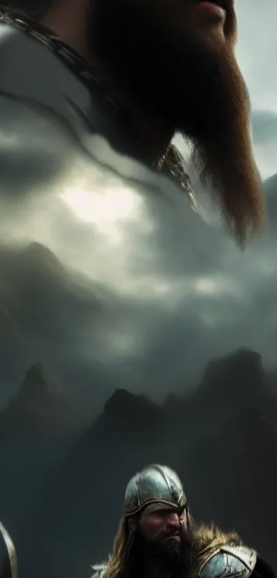 Epic Viking warrior in dramatic landscape with dark clouds.