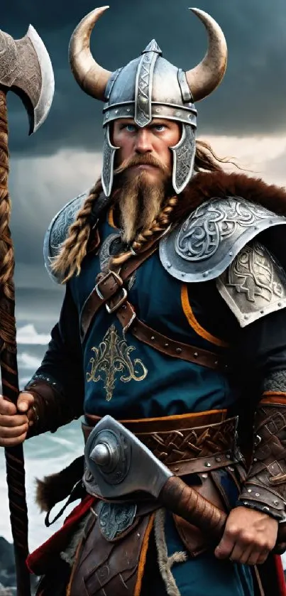 Viking warrior stands ready in battle armor with a stormy sea behind.