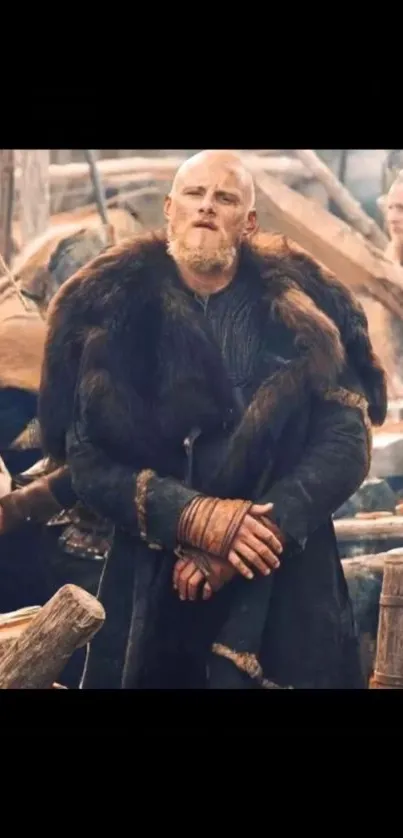 Viking warrior in fur coat amid wooden structures, exuding historical allure.