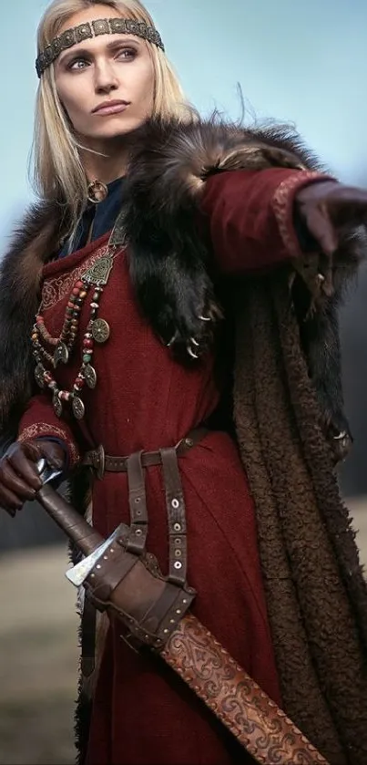 Viking warrior in traditional attire with sword in dramatic setting.