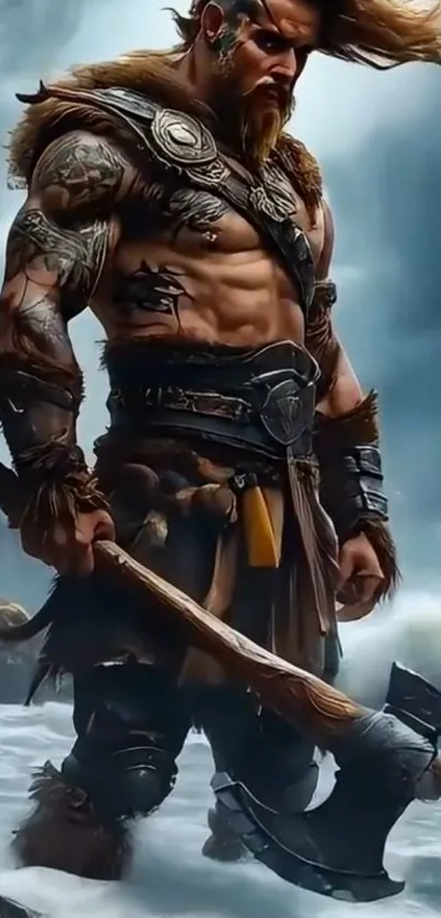 Epic Viking warrior with an axe and tattoos.