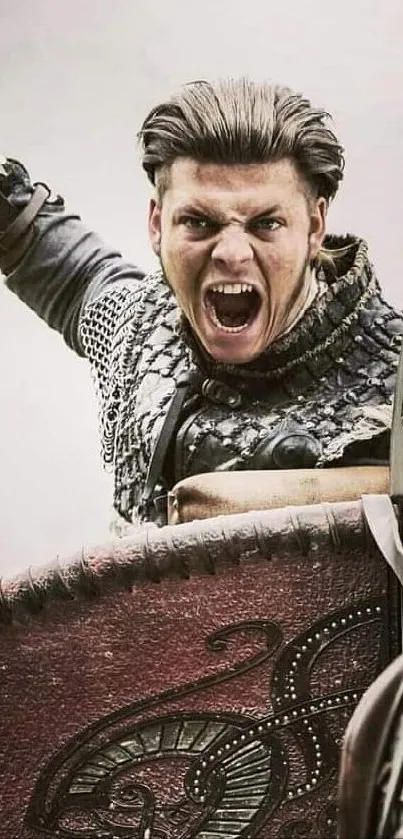 Fierce Viking warrior in armor, holding shield and shouting during battle.