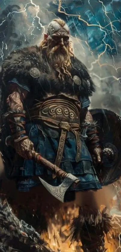 Epic Viking warrior in battle armor with axe and shield under stormy skies.