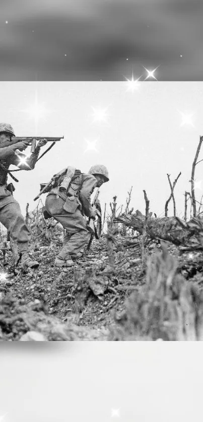 Vintage combat scene with two soldiers in action on a battlefield in grayscale.