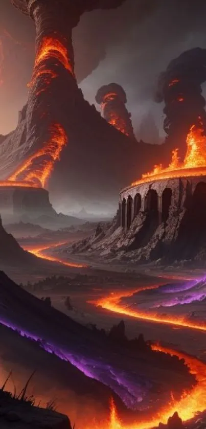 Epic volcanic landscape with flowing lava and pillars of fire.