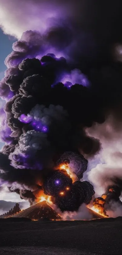 Epic volcanic eruption with purple clouds and fiery explosion on mobile wallpaper.