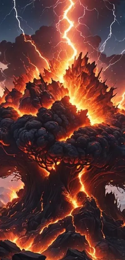 Fiery volcano eruption with dramatic lightning and clouds.
