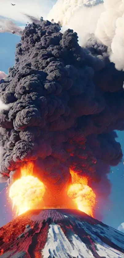 Dramatic volcanic eruption with plumes of ash and flowing lava under a clear sky.