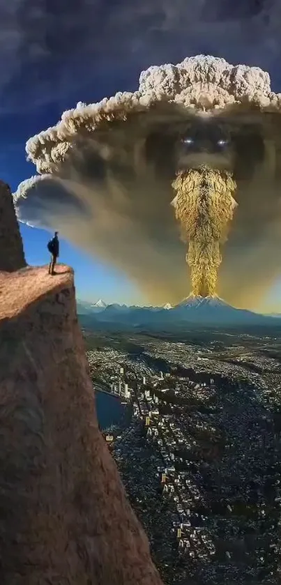 Majestic view of a volcanic eruption over a vast cityscape from a cliff edge.