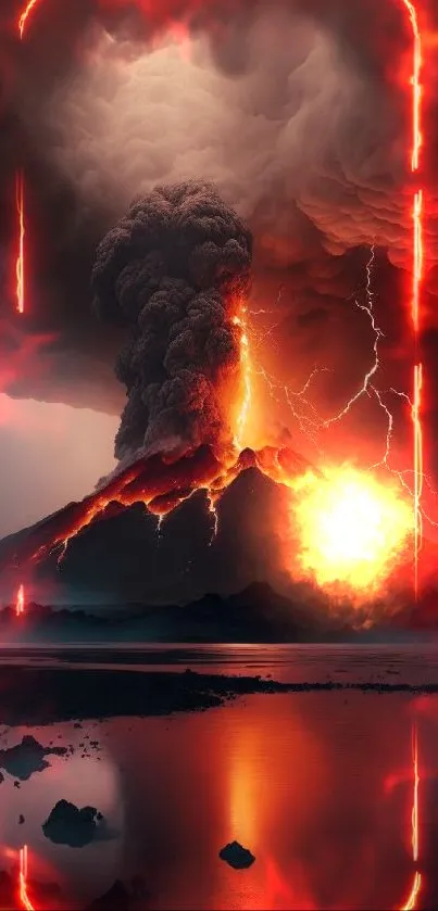 Epic volcano eruption with vibrant lava and lightning under a dark, dramatic sky.