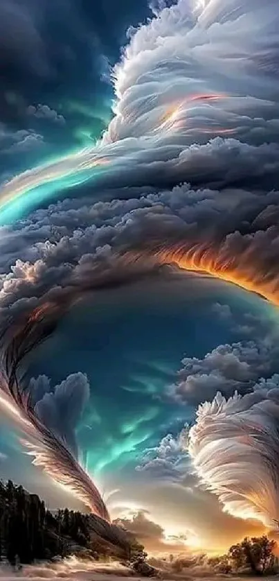 Epic mobile wallpaper with colorful vortex and clouds in the sky.