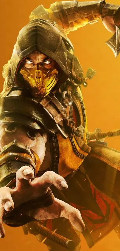 Epic warrior in action pose with yellow background wallpaper.