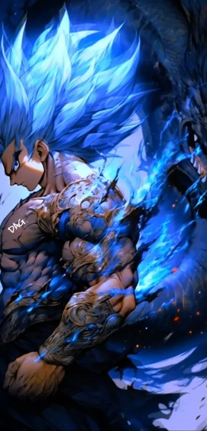 Anime warrior with blue energy and dragon, vibrant fantasy art.