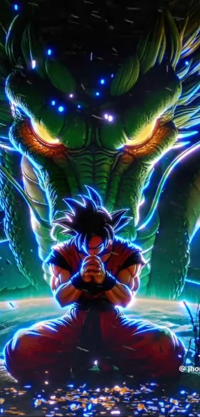 Anime warrior and dragon in an epic scene.