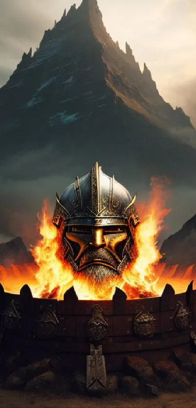 Helmet engulfed in flames in front of a mystical mountain.