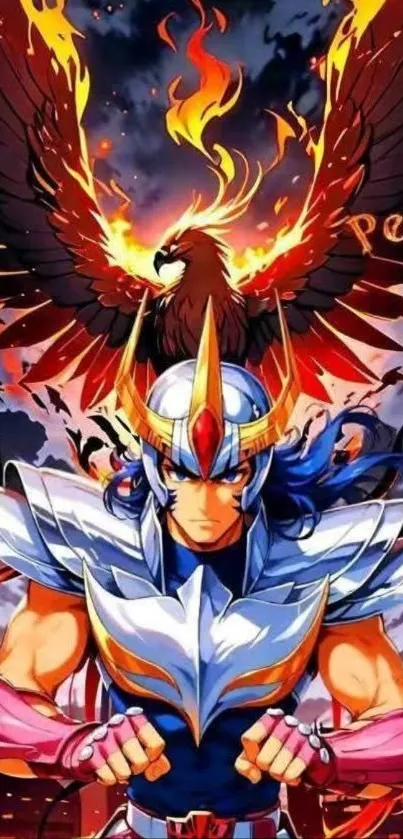 Epic anime character with a fiery phoenix overhead.