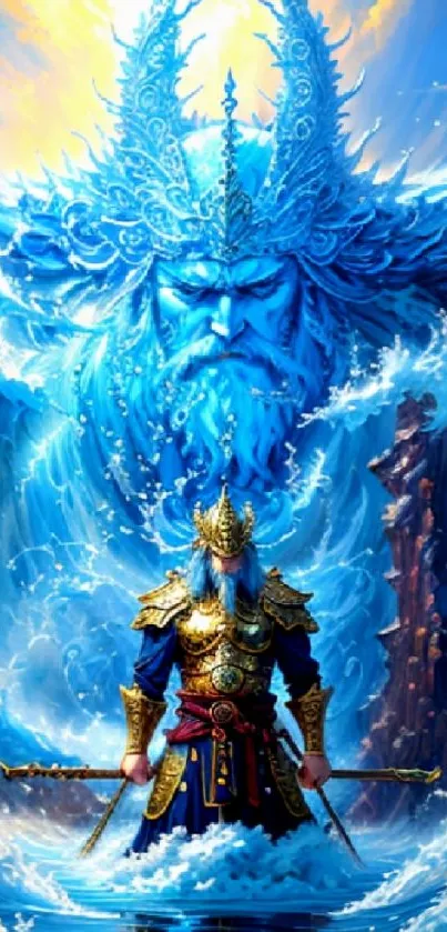 Epic fantasy wallpaper of a warrior and an ocean deity with blue waves and a vibrant sky.