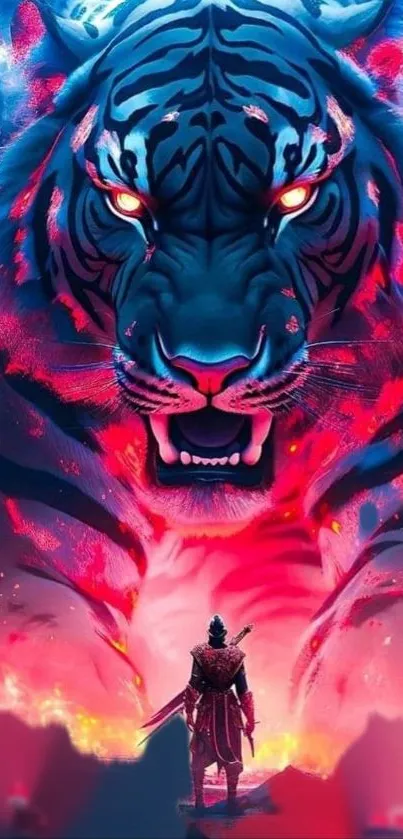 Warrior stands before a glowing, fierce tiger in vibrant fantasy art.