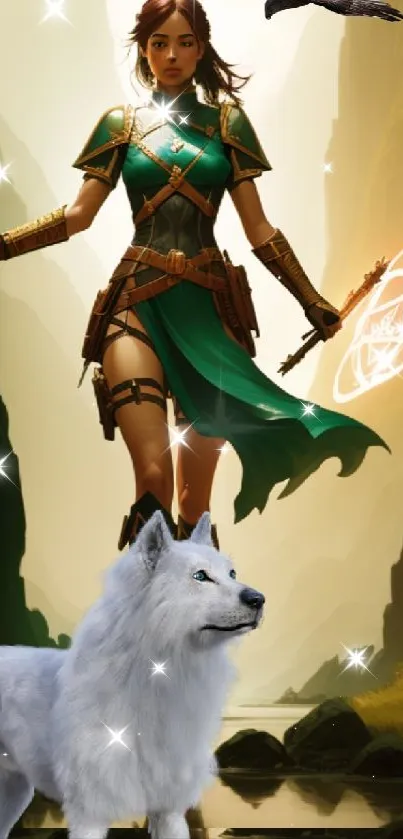 Epic fantasy wallpaper with a warrior, white wolf, and eagle in a mystical landscape.