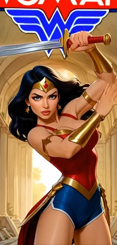 Animated warrior woman holding a sword in a dramatic pose.